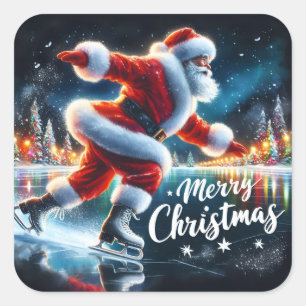 Santa Ice Skating Holiday Cheer Square Sticker