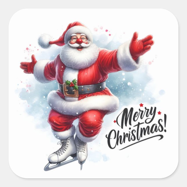 Santa Ice Skating in Winter Wonderland Square Sticker (Front)