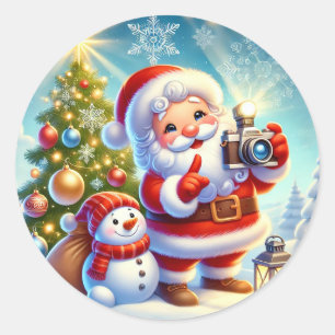 Santa in a Festive Christmas Scene Classic Round Sticker