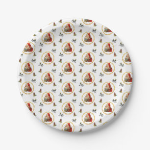 Santa in a Gold Wreath with Christmas Elements Paper Plate