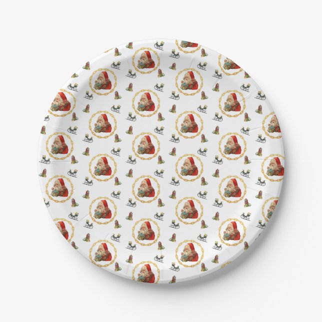 Santa in a Gold Wreath with Christmas Elements Paper Plate (Front)