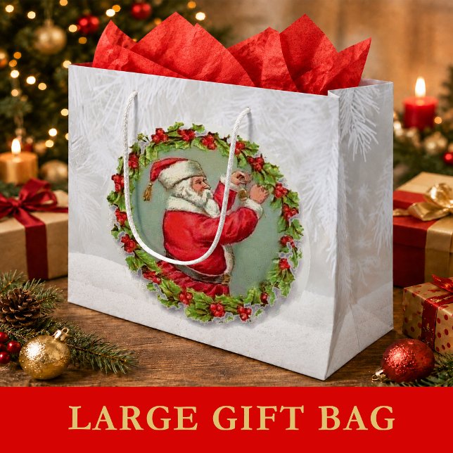 Santa in a Wreath Large Gift Bag (Santa in a Wreath Large Gift Bag)