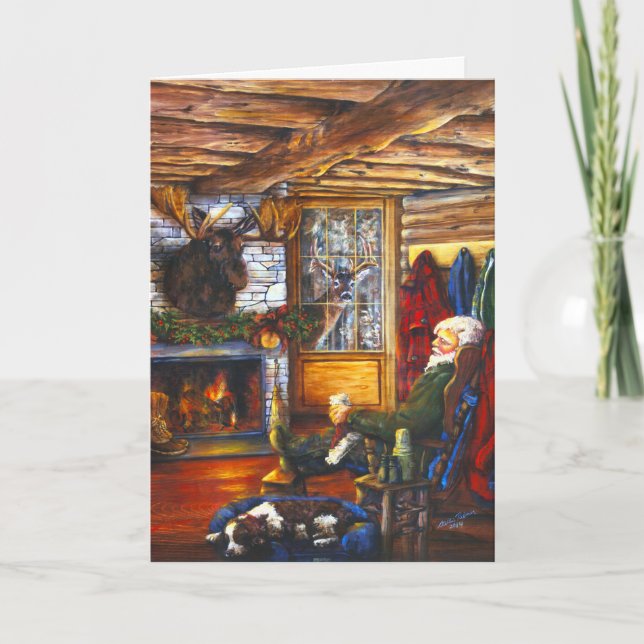 Santa In Cabin | Rustic Christmas Holiday Card (Front)
