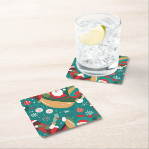 Santa in Christmas pattern Square Paper Coaster