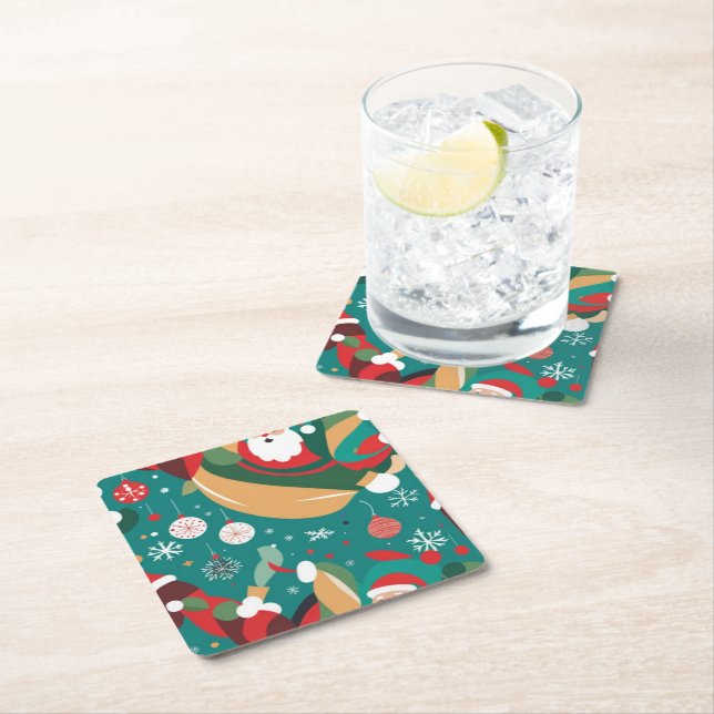 Santa in Christmas pattern Square Paper Coaster (Insitu)