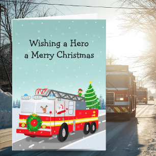 Santa in Firetruck Merry Christmas Hero Card