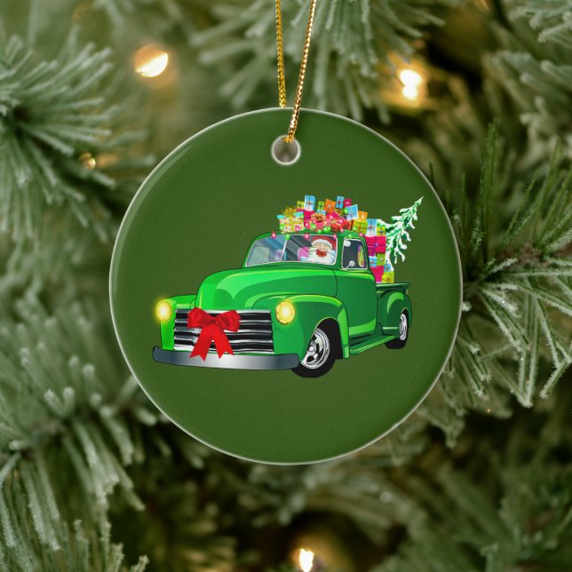 Santa in Green Pickup Truck Ceramic Tree Decoration (Tree)