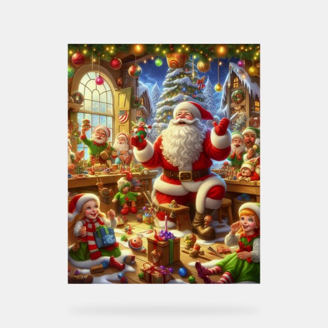 Santa in His Christmas Workshop With Toys Wall Acrylic Sign (Front)