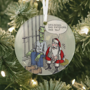 Santa In Jail round glass ornament