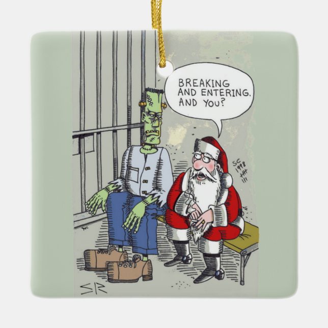 Santa In Jail square ceramic ornament (Front)