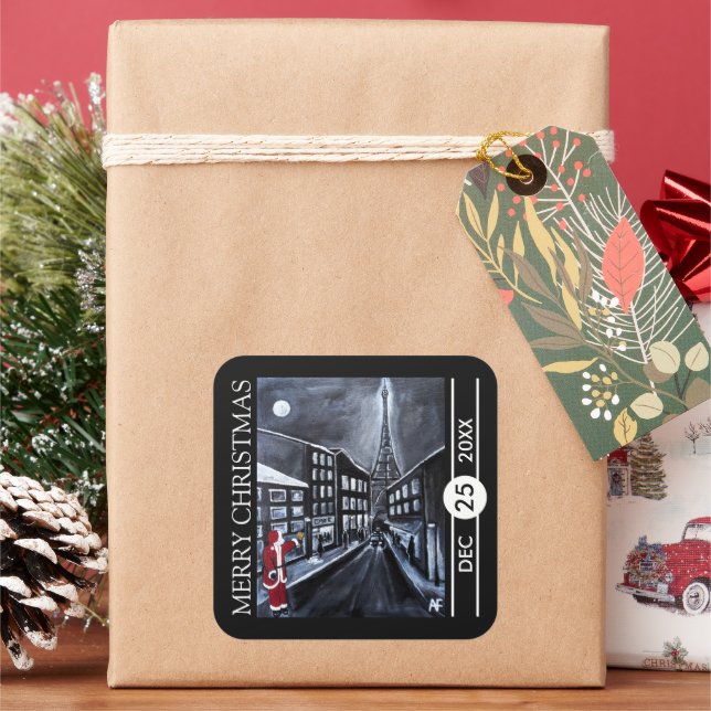 Santa in Paris Christmas Square Sticker (Holiday)