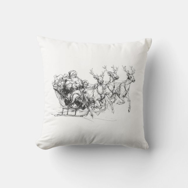 Santa in Sleigh – Minimal Christmas Sketch Cushion (Front)