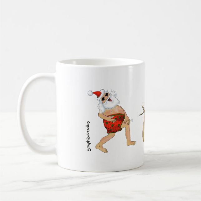 Santa in swimming trunks with a snow sandman. coffee mug (Left)