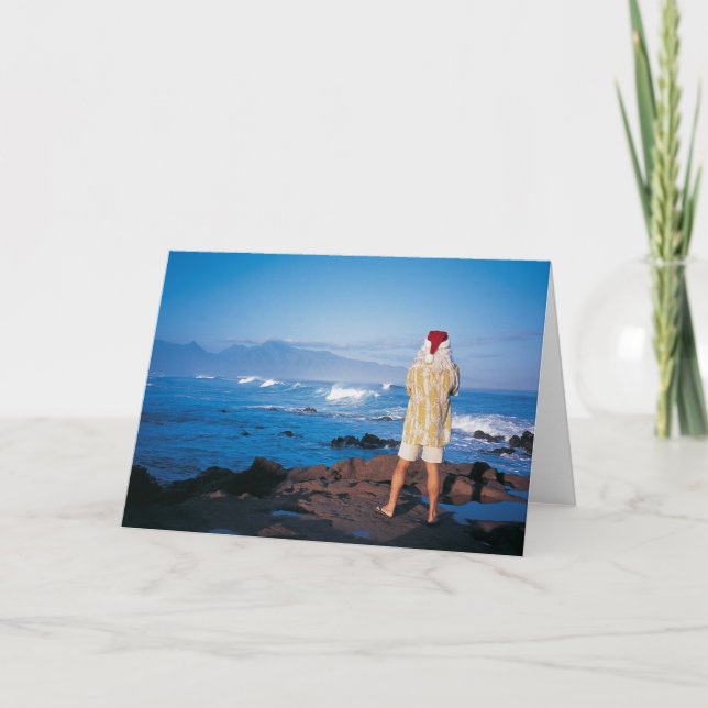 Santa inspects waves on Maui Holiday Card (Front)