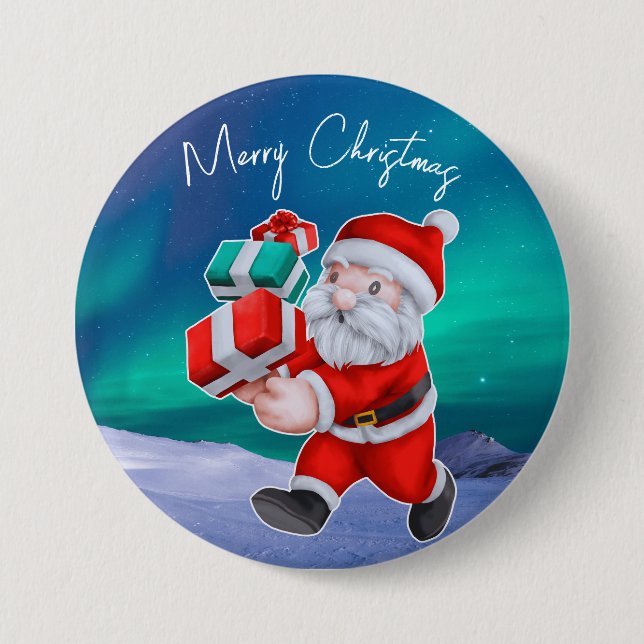 Santa is on his way Northern Lights Christmas 7.5 Cm Round Badge (Front)