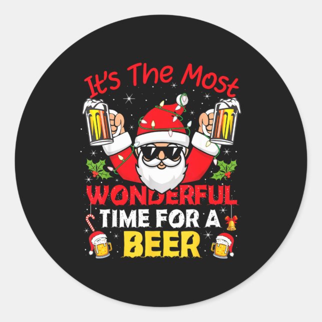 Santa It's The Most Wonderful Time For A Beer Funn Classic Round Sticker (Front)