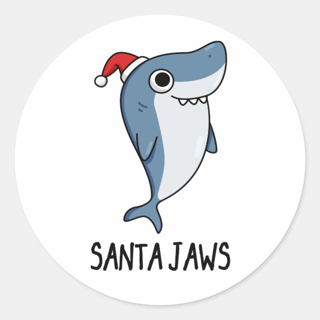 Santa Jaws Funny Shark Christmas Pun Classic Round Sticker (Front)
