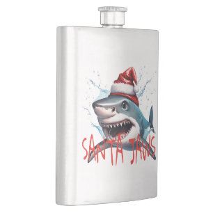Santa Jaws Pun Quote Christmas Shark Cartoon Art Hip Flask