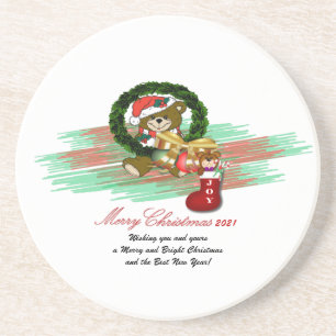 Santa JOY Sock Christmas 2021 Sandstone Coaster