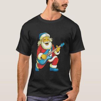 Santa joyfully playing guitar in xmas T-Shirt