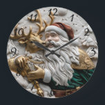 Santa joyfully shares moments with reindeer large clock<br><div class="desc">A festive scene captures the warm bond between Santa Claus and his reindeer during the Christmas season. The joyful expression on Santa's face reflects the magic of the holiday,  while the intricate details of their surroundings enhance the enchanting atmosphere.</div>