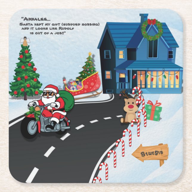 Santa Kept My Gift Funny Santa On Motorcycle Square Paper Coaster (Front)