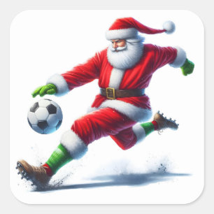 Santa Kicking a Soccer Ball Outside Square Sticker