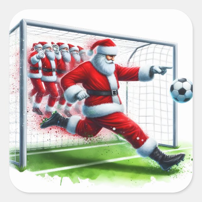 Santa Kicks a Soccer Ball in a Festive Winter Game Square Sticker (Front)