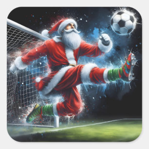 Santa Kicks a Soccer Ball in Winter Square Sticker