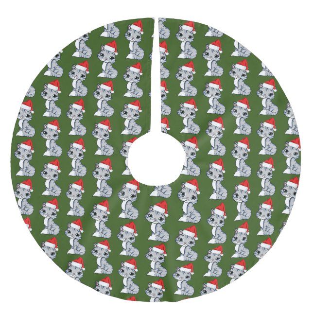 Santa Kitten Brushed Polyester Tree Skirt (Front)