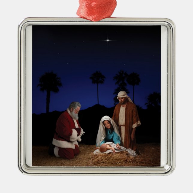 Santa kneeling at Nativity - square ornament (Front)