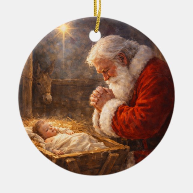 Santa Kneeling at the Manger Nativity Ceramic Tree Decoration (Front)