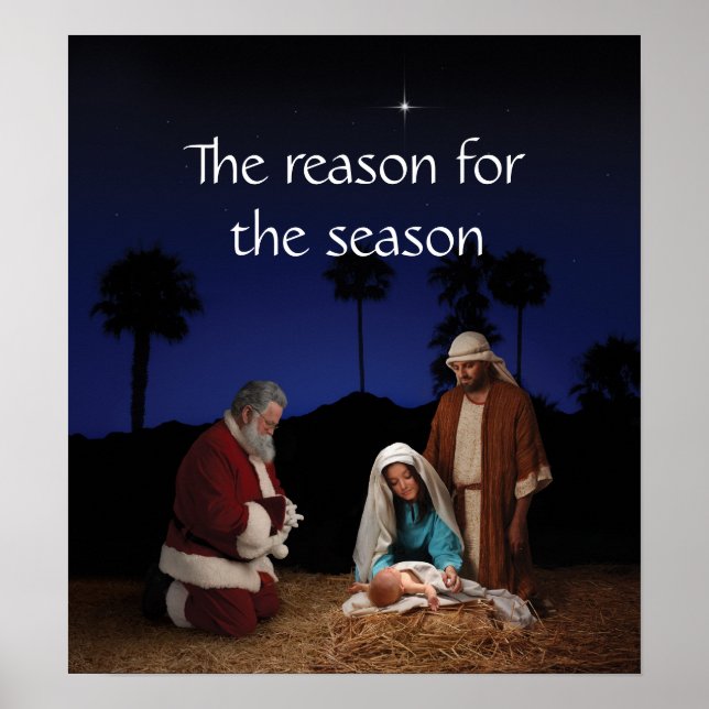 Santa kneeling at the Nativity Poster (Front)