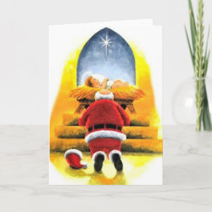 Santa Kneeling Before Baby Jesus Christmas Card