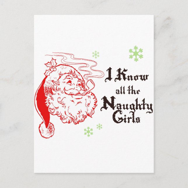 Santa knows all the naughty girls holiday postcard (Front)