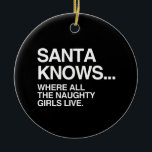 SANTA KNOWS WHERE ALL THE NAUGHTY GIRLS LIVE -.png Ceramic Tree Decoration<br><div class="desc">If life were a T-shirt, it would be totally Gay! Browse over 1, 000 GLBT Humour, Pride, Equality, Slang, & Marriage Designs. The Most Unique Gay, Lesbian Bi, Trans, Queer, and Intersexed Apparel on the web. Everything from GAY to Z @ www.GlbtShirts.com FIND US ON: THE WEB: http://www.GlbtShirts.com FACEBOOK: http://www.facebook.com/glbtshirts...</div>