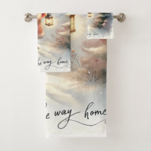 Santa Lantern Walk Winter Cottage Scene Bath Towel Set