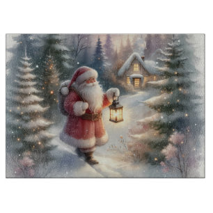 Santa Lantern Walk Winter Cottage Scene Cutting Board