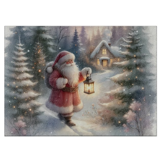 Santa Lantern Walk Winter Cottage Scene Cutting Board (Front)