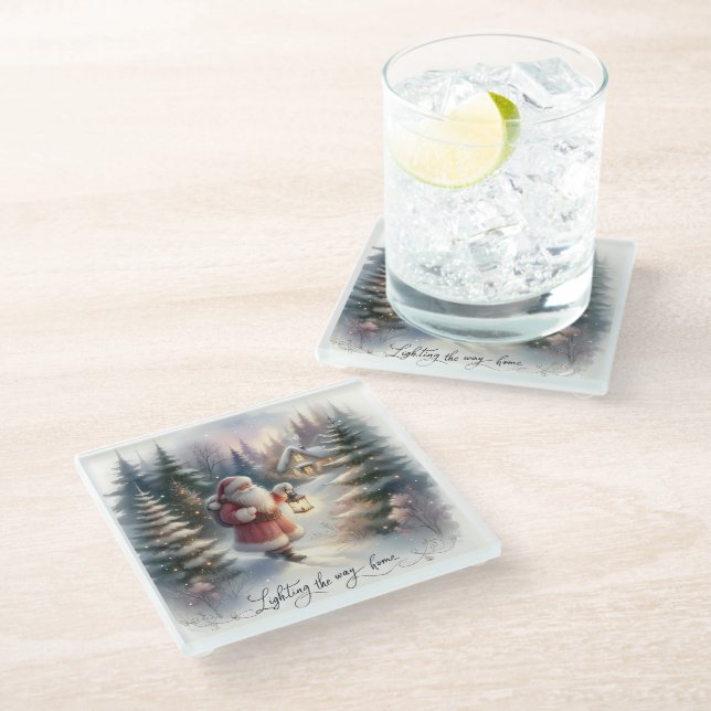 Santa Lantern Walk Winter Cottage Scene Glass Coaster (Angled)