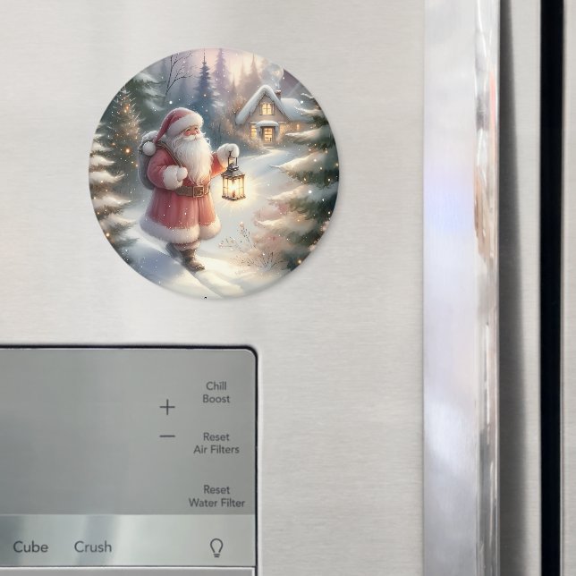 Santa Lantern Walk Winter Cottage Scene Magnet (In Situ (Fridge))
