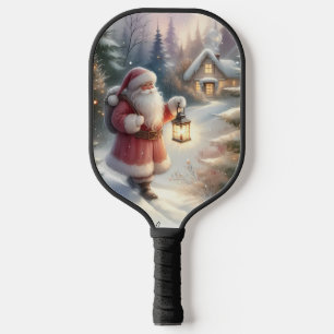 Santa Lantern Walk Winter Cottage Scene Pickleball Paddle