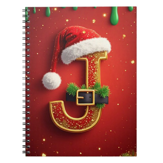 Santa Letter J Monogram Holiday Wreath 🎅 Notebook (Front)