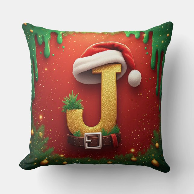 Santa Letter J With Christmas Monogram 🎅 Cushion (Front)
