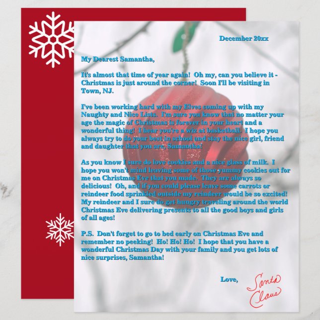 Santa Letter Red Ornament Snowflakes (Front/Back)