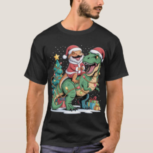 Santa Lizard Rides Green Dino at Christmas T-Shirt