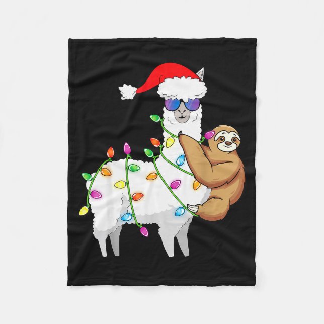 Santa Llama Xmas Funny Llama Sloth Christmas  Fleece Blanket (Front)
