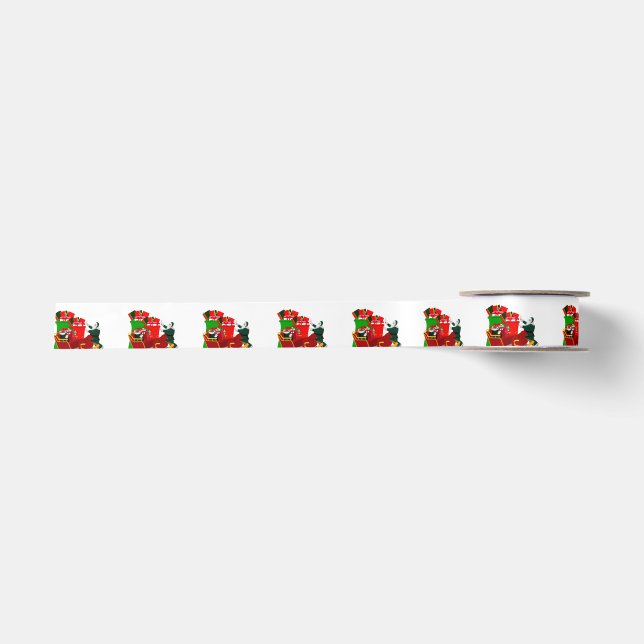 Santa Loading Sleigh White Ribbon Satin Ribbon (Front)