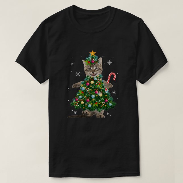 Santa Maine Coon Cat Christmas Tree Light Funny Xm T-Shirt (Design Front)
