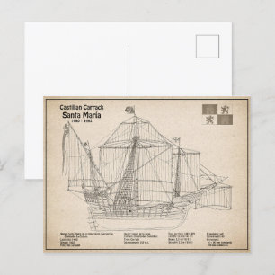 Santa Maria - Ship Blueprint Plans SD Postcard